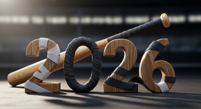 Baseball Season Year 2026 - A baseball bat laying behind the wooden numbers 2026. The numbers are wrapped in batting tape