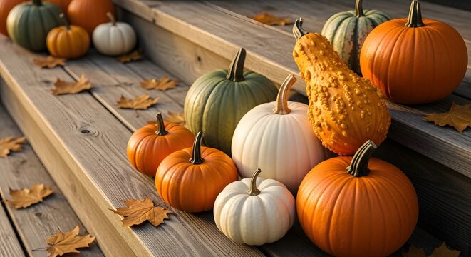 Vibrant pumpkins and gourds decorating rustic wooden porch steps with fallen leaves for autumn season concept and cozy home decor