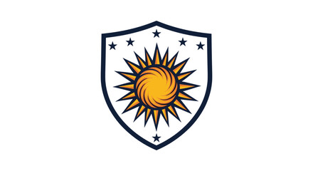 A stylized shield featuring a golden sun with a spiral center and pointed rays, surrounded by six dark stars, set on a white background.