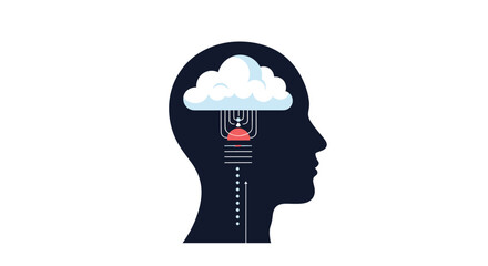 Conceptual image of a human head integrated with a cloud and processing elements, symbolizing artificial intelligence, data, and intelligent thought.