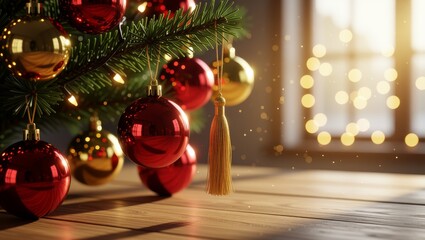 Christmas tree ornaments with red gold tassel on wooden floor
