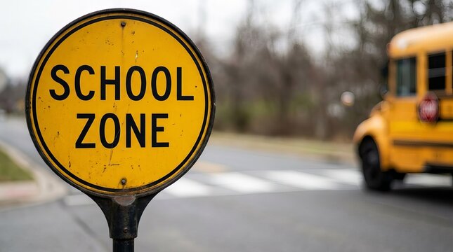 A yellow sign displaying ‘School Zone’ beside a road, with a blurred yellow school bus - Powered by Adobe