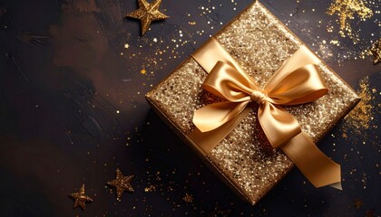 Glimmering Gold Gift Box with Sparkling Stars and Ribbon Decor