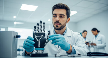 Focused biomedical engineer testing advanced bionic hand prosthesis in a modern laboratory