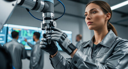 Focused female engineer calibrating precision robotic arm in modern high-tech laboratory