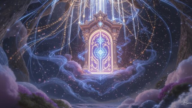 浮遊する魔法の扉から光が流れる幻想ループ動画