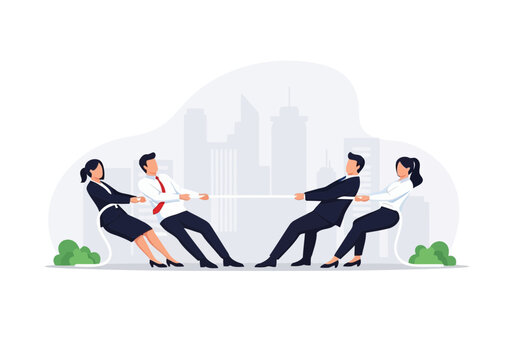 Business team competition in tug of war game symbolizing corporate rivalry, conflict, and teamwork challenge