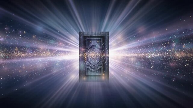 浮遊する魔法の扉から光が流れる幻想ループ動画
