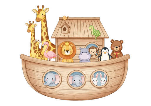 Cute watercolor illustration of noahs ark filled with various baby animal pairs sailing on water