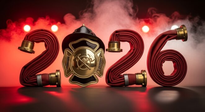 Firefighter Hose Forming Year 2026 - Fire hoses shaped as 2026 with firefighter badge, ideal for new year card or future firefighter recruitment