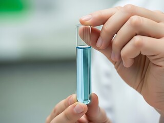 Scientist holding test tube with blue liquid for innovative research
