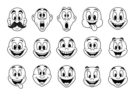 Collection of fifteen cartoon face expression icons showing various emotion like happy, surprised, silly, and goofy