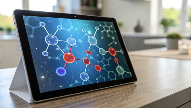 Tablet displaying molecule structure appears futuristic and intelligent, inviting exploration of science, creating sense of innovation and discovery