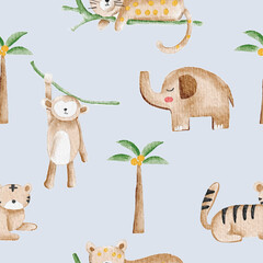 Cute Tropical Animal Watercolor Seamless Pattern