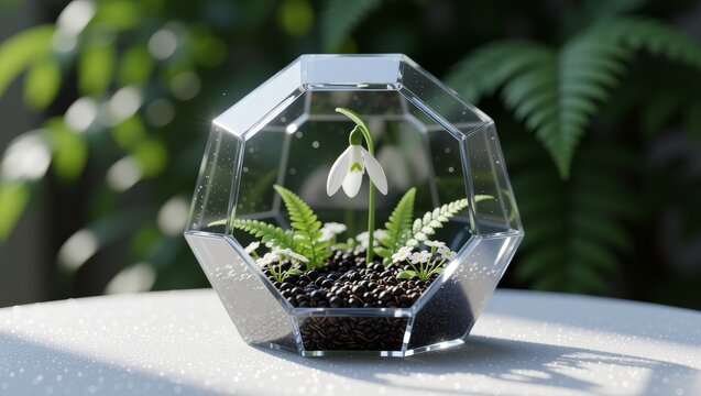 Glass terrarium with white flowers and ferns on table - Powered by Adobe