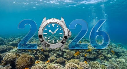 Ocean Depth Timekeeping with a Diving Watch - Timekeeping meets ocean exploration. A stylish diving watch bezel merged with the year 2026, symbolizing adventure, precision, future, exploration, and