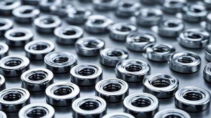 Close-up of numerous shiny metal nuts arranged in an orderly pattern.