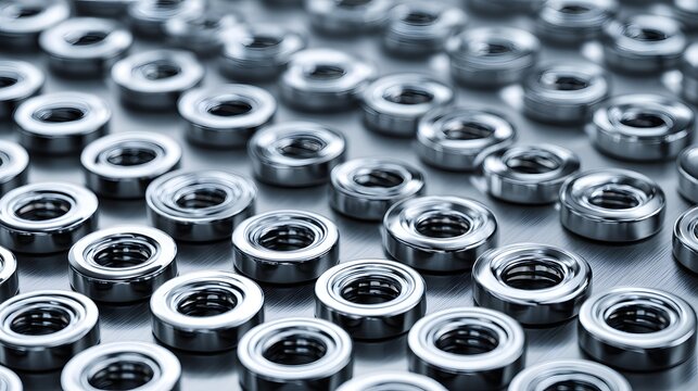 Close-up of numerous shiny metal nuts arranged in an orderly pattern.