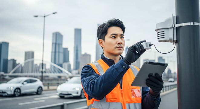 Professional Technician Maintains Smart City Sensor Using Tablet Against Urban Skyline