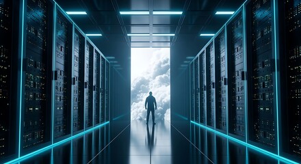 A lone figure stands in a futuristic server room aisle with glowing blue lights, looking towards a bright opening with clouds