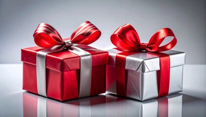 Fototapeta premium Elegant Red and Silver Gift Boxes with Decorative Ribbons