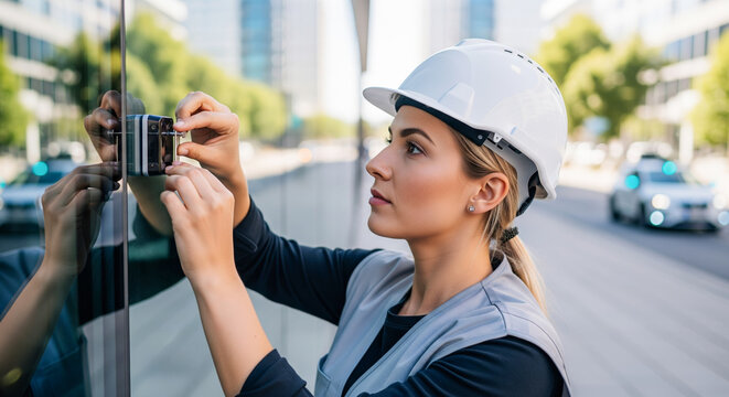 Female Technician Installing Smart City Sensor Node on Urban Glass Surface
