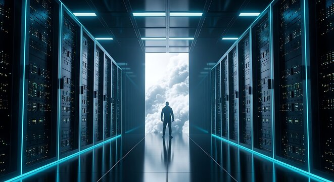 A lone figure stands in a futuristic server room aisle with glowing blue lights, looking towards a bright opening with clouds