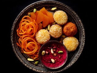 Vibrant indian sweet platter with swirls and spheres