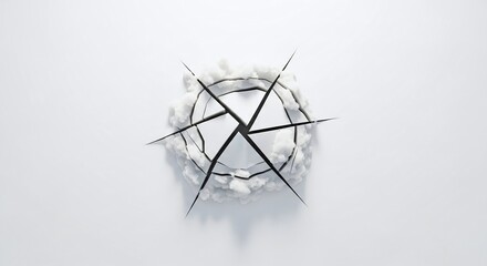 Abstract sixpointed star with sharp black lines surrounded by soft white cloud texture, minimalist design isolated on white background