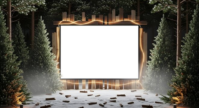 A blank white screen framed by wood and string lights in a snowy winter forest with pine trees.