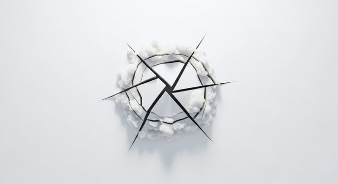 Abstract sixpointed star with sharp black lines surrounded by soft white cloud texture, minimalist design isolated on white background