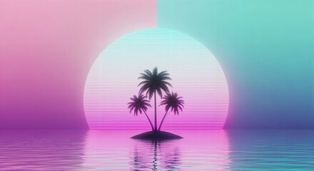 Vaporwave aesthetic with palm trees on a small island reflecting in neonlit water under a retro sunset