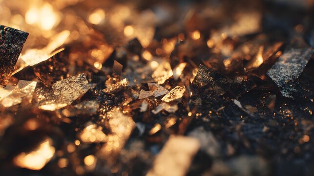 Close-up of sparkling gold and black glitter with warm bokeh lights, abstract texture background.