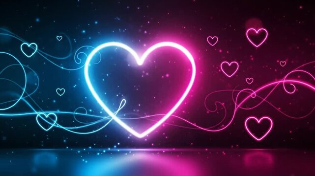 Glowing Neon Hearts Animation with Swirling Lines and Particles in Blue and Pink Hues