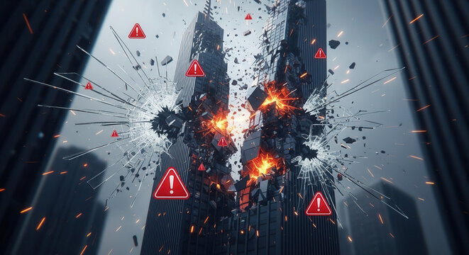 Dramatic building damage with warning alerts, a powerful visual for risk management, disaster preparedness, and crisis communication campaigns, conveying urgency