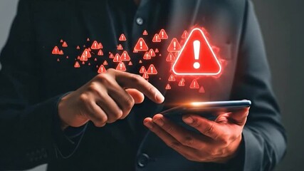 Man using smartphone with digital warning signs, symbolizing cyber security threat, data breach, or system error - Powered by Adobe