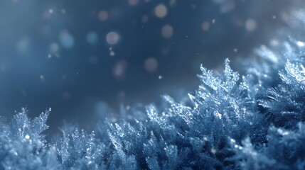 Close-up of sparkling ice crystals and snowflakes on a cold winter day.