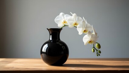 White orchids in black vase on wooden table © vivekFx