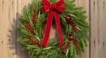 Festive Christmas wreath with red bow and berries a holiday decoration for seasonal greetings and winter celebrations on a wooden backgr