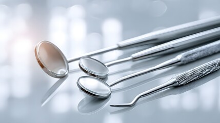 Close-up of sterile dental instruments on a reflective surface.
