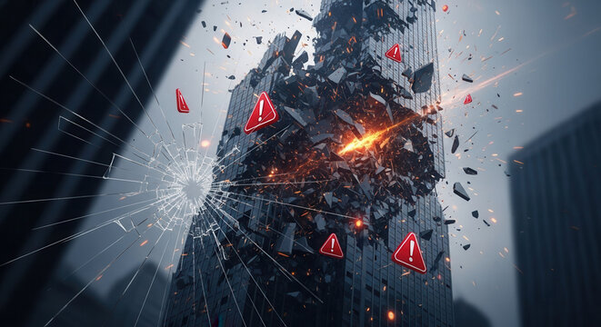 Dramatic skyscraper destruction with warning signs evokes crisis, failure, and urgent risk management solutions for business disruption planning and resilience - Powered by Adobe