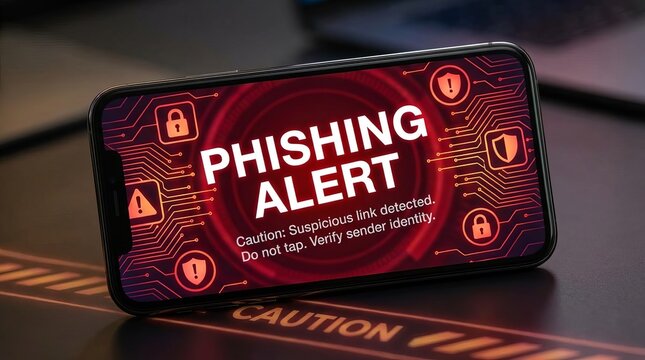 A smartphone screen displaying words ‘PHISHING ALERT’, a glowing red cybersecurity caution background. Suitable for marketing or business purposes