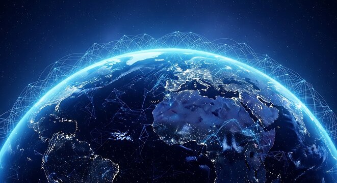 Digital representation of planet earth seen from space at night, illuminated by glowing blue data streams and city lights
