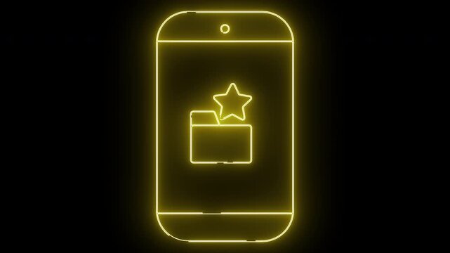 Yellow neon outline of a phone displaying a folder icon and star on a black background