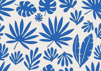 Fototapeta premium Seamless pattern of various tropical leaf silhouettes in vibrant blue color on a light beige background for textile design