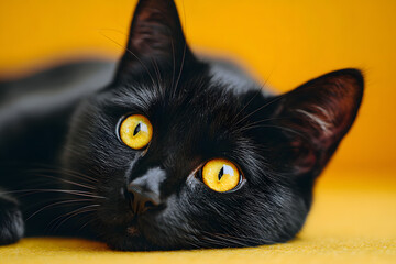 a black cat with yellow eyes laying on a yellow surface