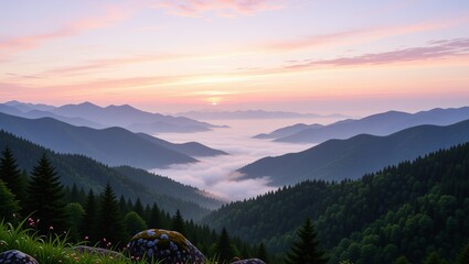 Sunrise over mountain range with valley fog and forest