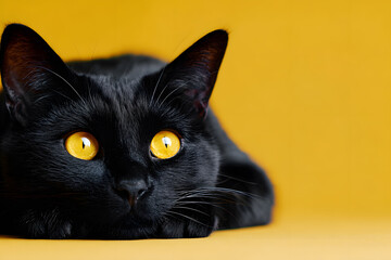 a black cat with yellow eyes laying on a table