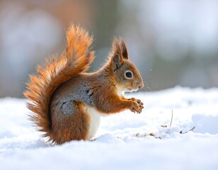 A fluffy, reddish-brown rodent with a long, bushy tail sits in a snowy environment. It holds something in its paws