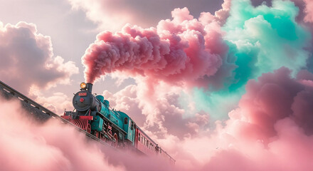 A magical steam train journeying through a whimsical sky, leaving trails of vibrant pink and teal smoke